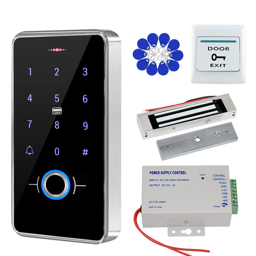 GXYKit IP68 Waterproof Fingerprint Keypad + 10pcs 13.56MHz Keyfobs+180KG Magnetic Lock+DC12V Power Supply+Exit Button for access control system