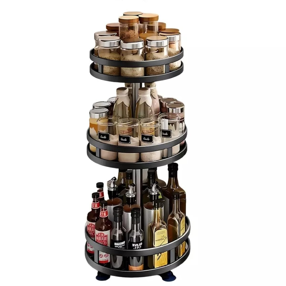 Sk-Goods Black 3-Tier 360° Rotating Spice Rack – Steel Lazy Susan Kitchen Organiser – Height Adjustable Revolving Spice Turntable For Pantry, Cabinet, Countertop & Bathroom Storage 60 X 25Cm