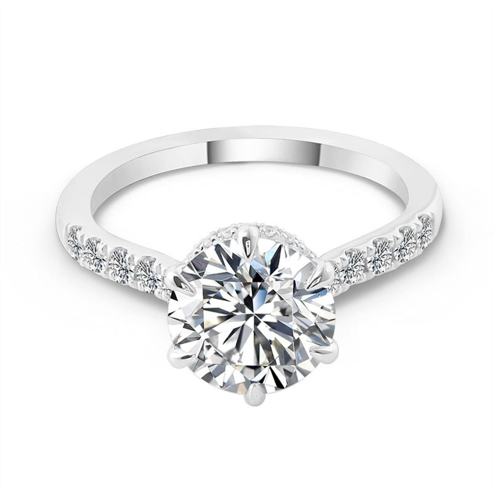 Bague pour femme en or blanc 9 carats avec moissanite ronde à 6 dents