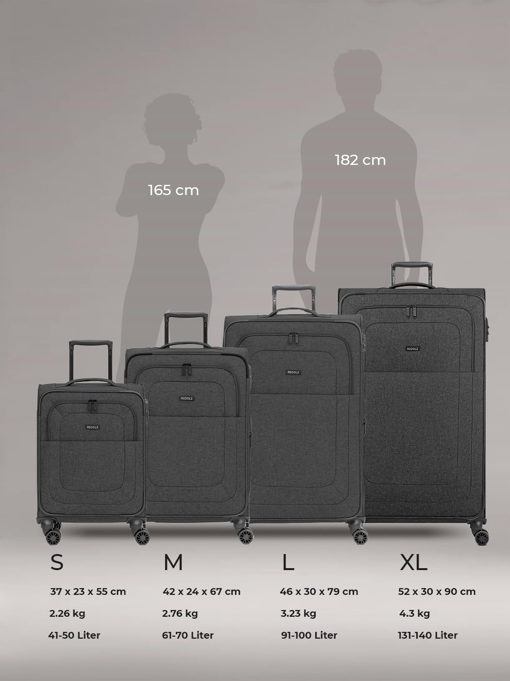 REDOLZ Koffer-Set 3-teilig Reise-Trolleys Softcase 4 Doppelrollen TSA-Schloss erweiterbar Essentials 12