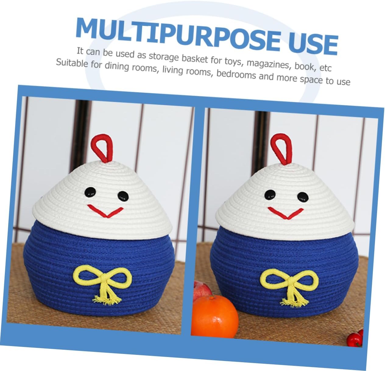 Cartoon Woven Cotton Rope Storage Basket with Lid Organizer Sundries Container for Bedroom Bathroom Nursery Practical Decorative Storage Bin for Home