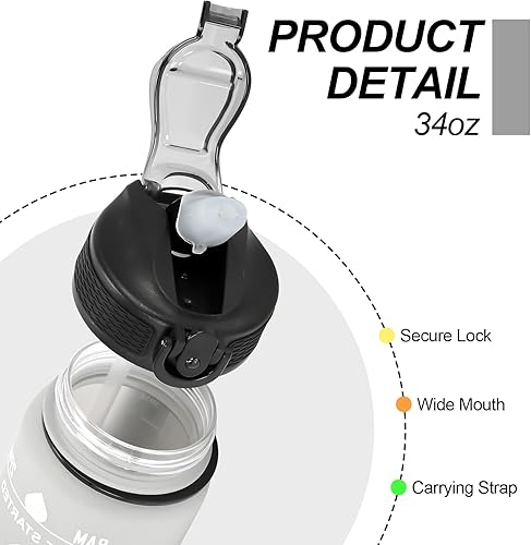 Miniatura 2 de Botella de agua deportiva de 32 onzas con marcador de tiempo y popote, botella de agua motivacional a prueba de fugas para fitness, gimnasio y