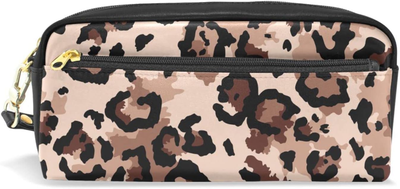 Estuche Para Lápices De Gran Capacidad Para Niñas Y Niños, Bolsa De Maquillaje De Piel Con Estampado De Leopardo Gris Con Compartimento Con Cremallera, Organizador Escolar Y Bolsa De Papelería