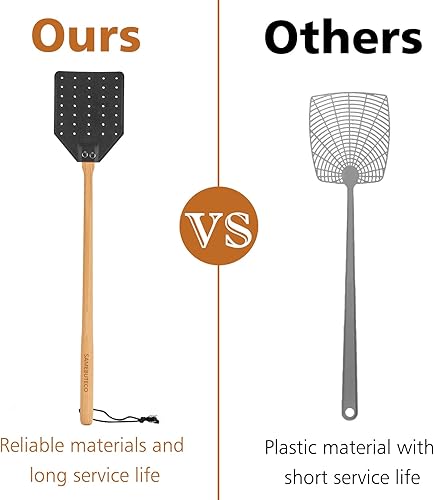 Miniatura 4 de SAMEBUTECO Matamoscas de cuero resistente negro con mango de madera de banco de 19.7 pulgadas de largo, atrapa moscas e insectos con facilidad