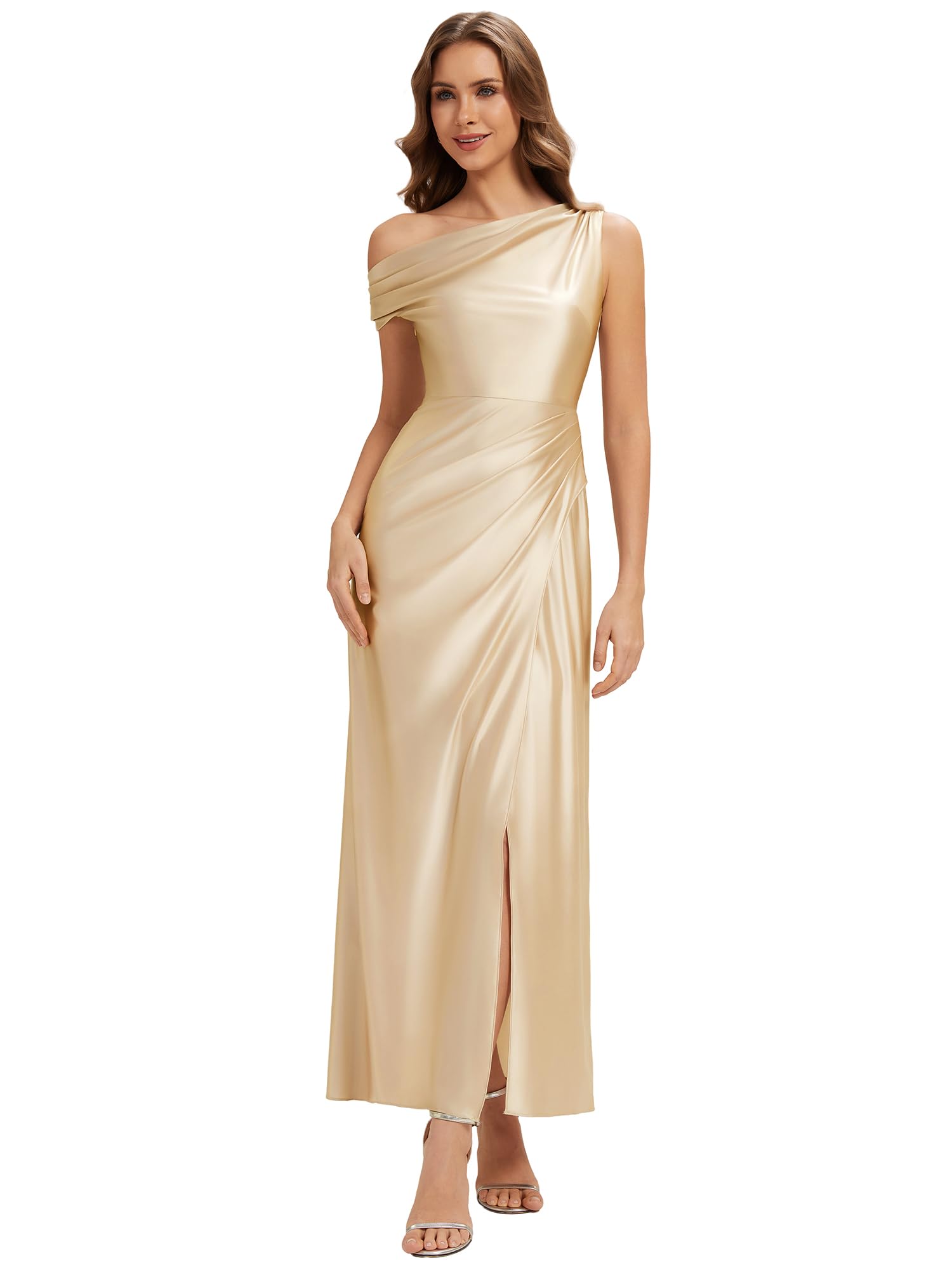 Ever-Pretty Robes de Demoiselle d'honneur Col Asymétrique Manches Courtes Satin Maxi Robe Droite ES02670