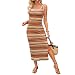 Boodtag Damen Sommer Strickkleid Strandkleid Lang Ärmellos Schlitz Bodycon Bohemian Sommerkleid mit Trägern Elegant Vintage UK Damen Strick Gestreiftes Kleid für Strandparty, Orange, L