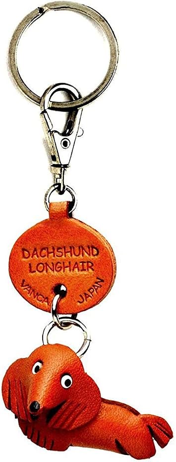 Dachshund Longhair Leather Dog Small Keychain VANCA Craft-Collectible Keyring Charm Pendant Made in Japan
