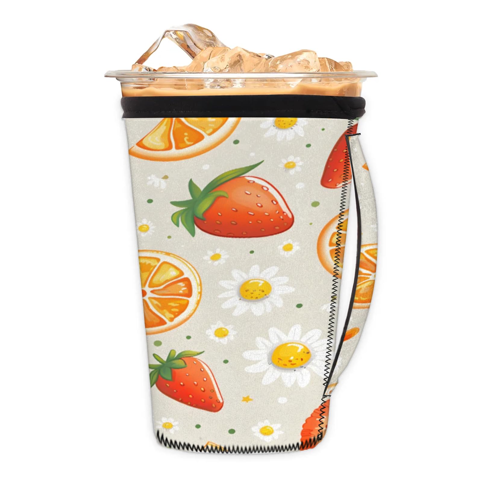 Orange Kiwi Strawberry Reusable Neoprene Coffee Sleeve with Handle Insulated Iced Coffee Cup Holder Reduces Condensation Fits 24-28 oz Cups M