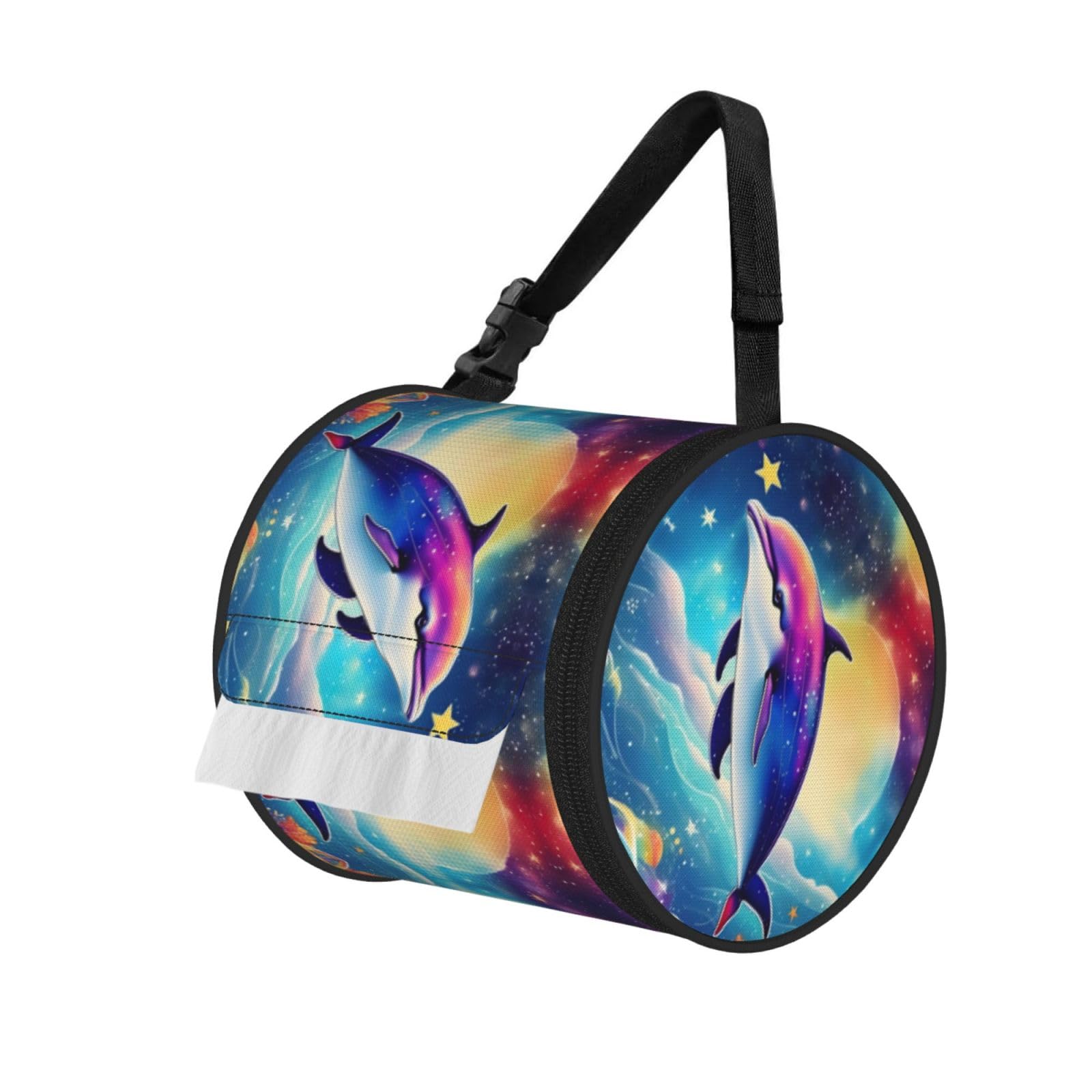 Jiuty Black Colorful Starry Sky Ocean Dolphin Print Cylinder Tissue Organizer Bag With Strap, Portable Toilet Roll Holder For Camping Car