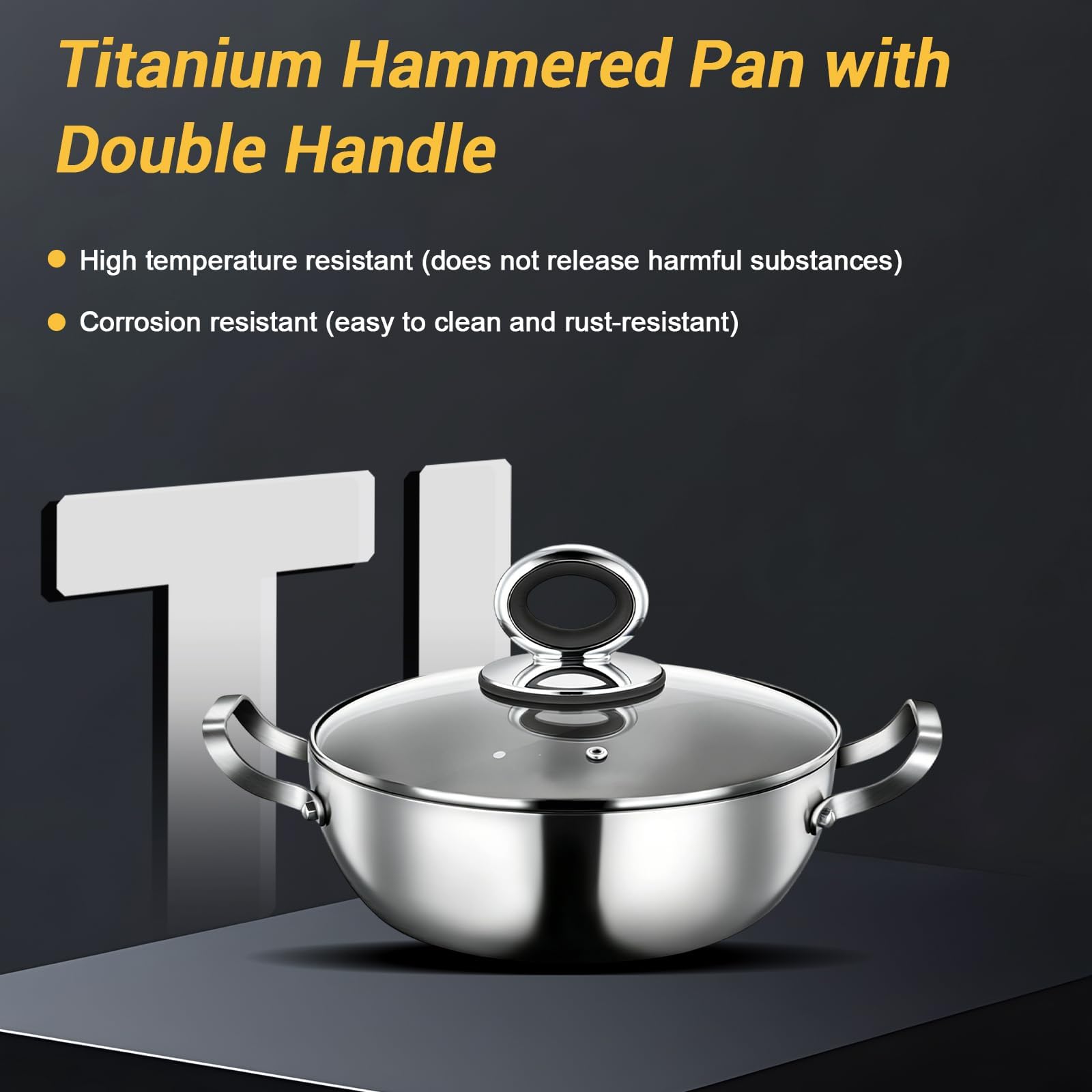 Sartén honda de titanio con borde alto, sartén con tapa, revestimiento antiadherente de titanio con doble mango, con borde alto, para conservar el sabor, apta para horno (30 cm)