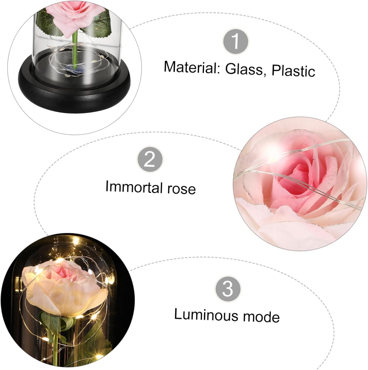 CHILDWEET LED Light with Glass Dome, Pink Artificial Rose Figurine Decoration, Romantic Valentine’s Day Without Battery for Home Accent