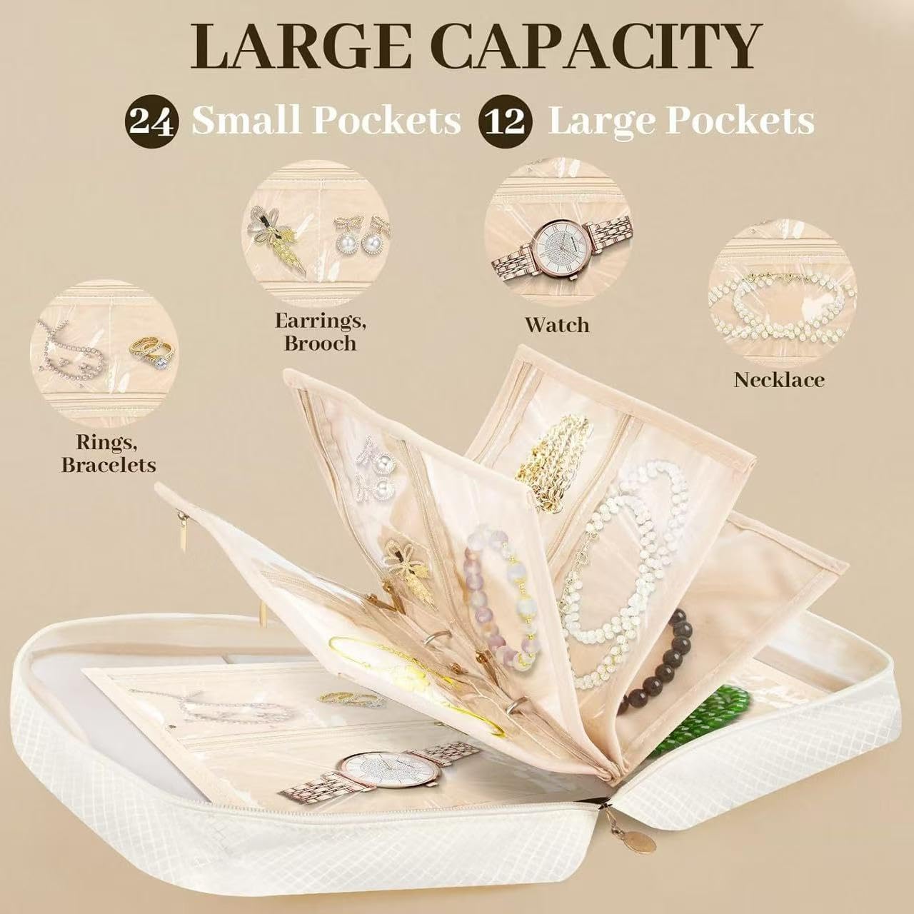 GSXRB Jewelry Organizer Travel Portable Earring Necklace Ring Jewelry Organizer Large Capacity Foldable Multi-Layer Classified Storage Bag Waterproof Antioxidant Organizer (beige)