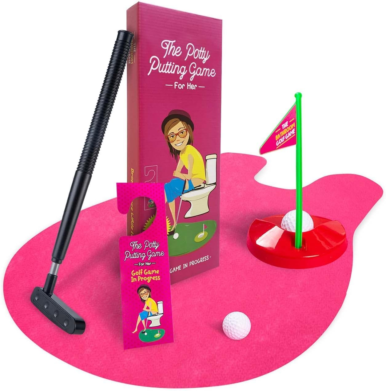 Gears Out Pink Potty Putting Game - Bathroom Golf Fun for Ladies with Home Putting Green, Practice Hole, Game in Progress Sign, Putt Putt Club Balls - Ideal Gift for Women Golf Enthusiasts!