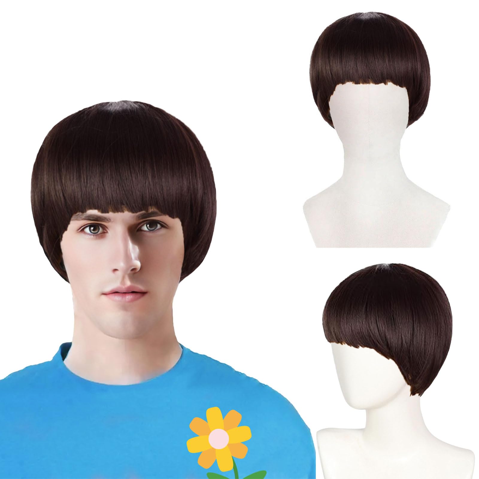 FOUNSHO Short Brown Bob Wig with Band for Men Women Short Mushroom Wig Funny Nerd Hairs Bowl Cut Hairstyle
