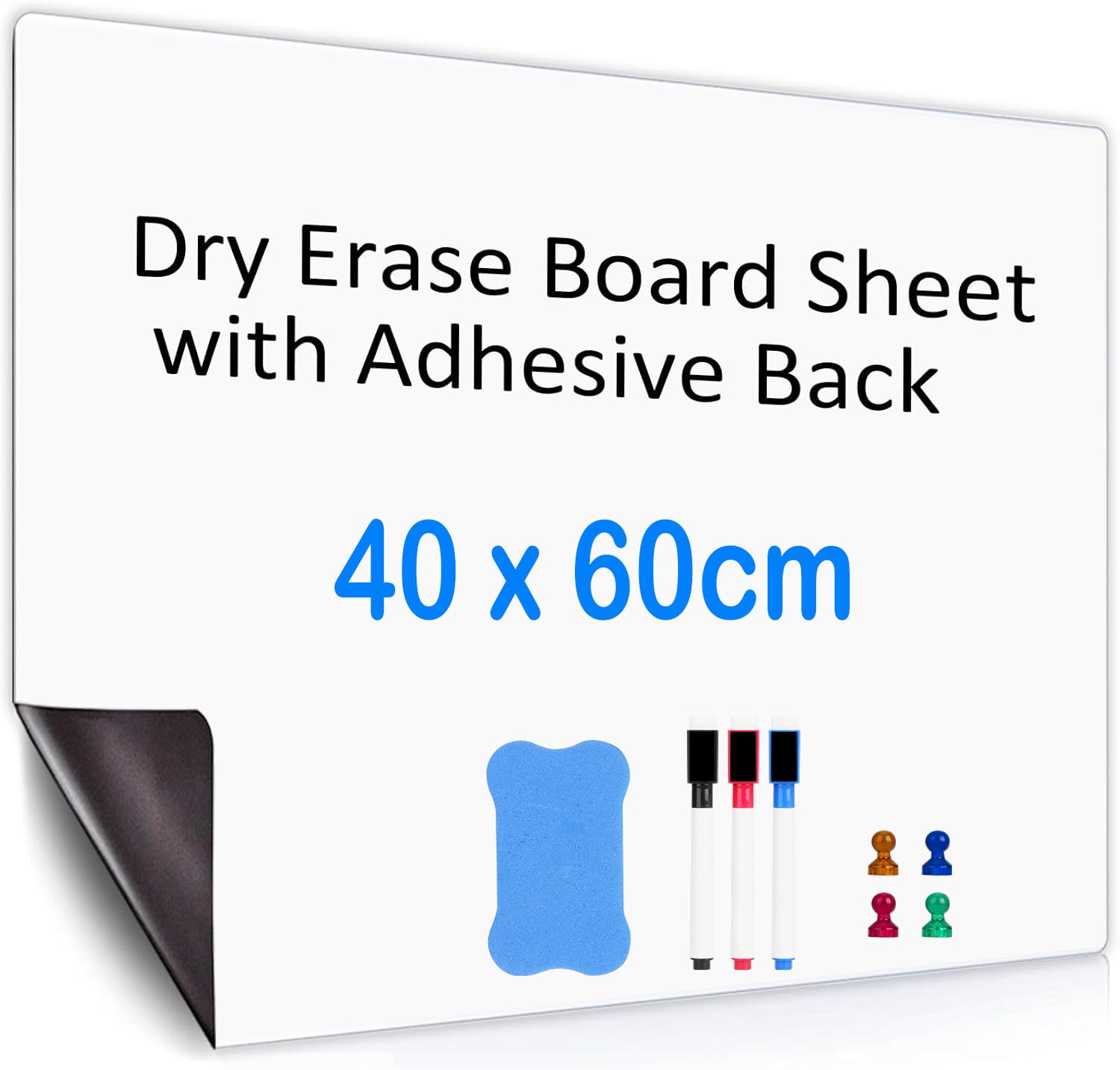 Pobuu 60x40cm Magnetic Whiteboard Paper,Magnetic Dry Erase Board Paper for Refrigerators,DIY Self-Adhesive Whiteboard Sheet for for Kids, Office,School,Home, Include Markers,Eraser and Magnets