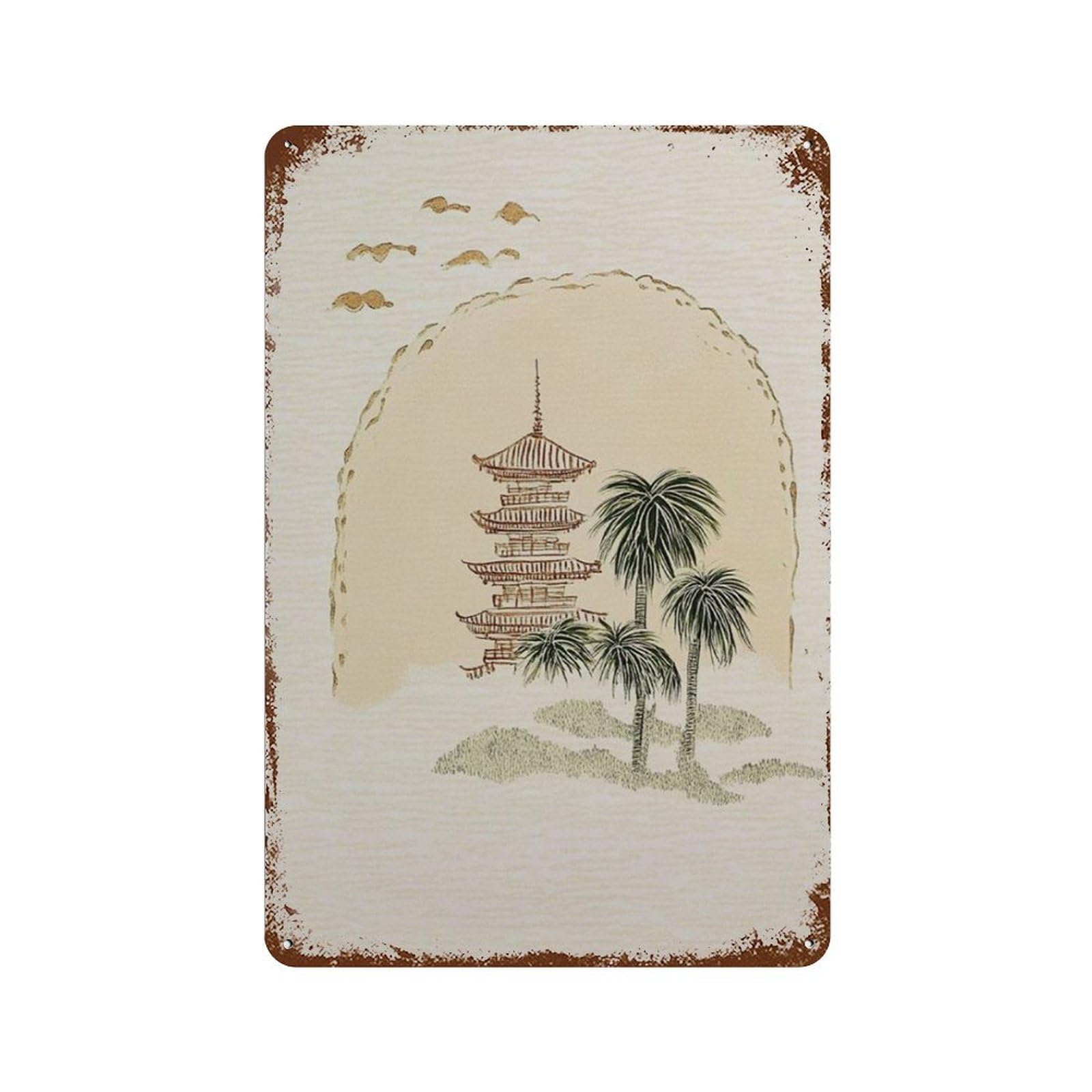 xiaoxiaoshen Japanese Pagoda Minimal Zen Landscape Neutral Asian Temple Wall Decor Art Metal Tin Poster Modern Home Decor Art Home Bar Shop Decorations Vintage Sign 30x20cm