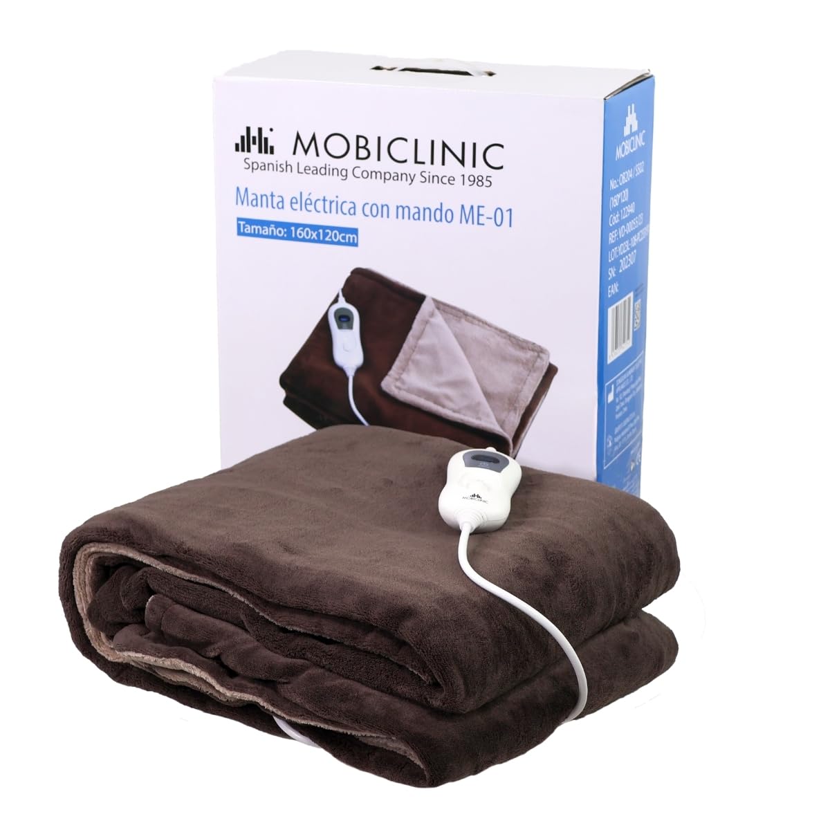 Mobiclinic, Manta eléctrica, 160x120 cm, Temperatura regulable, Muy bajo consumo, 100w, Apagado automático, Lavable, Térmica con mando, 3 ajustes de calor, Calentamiento rápido, Marrón