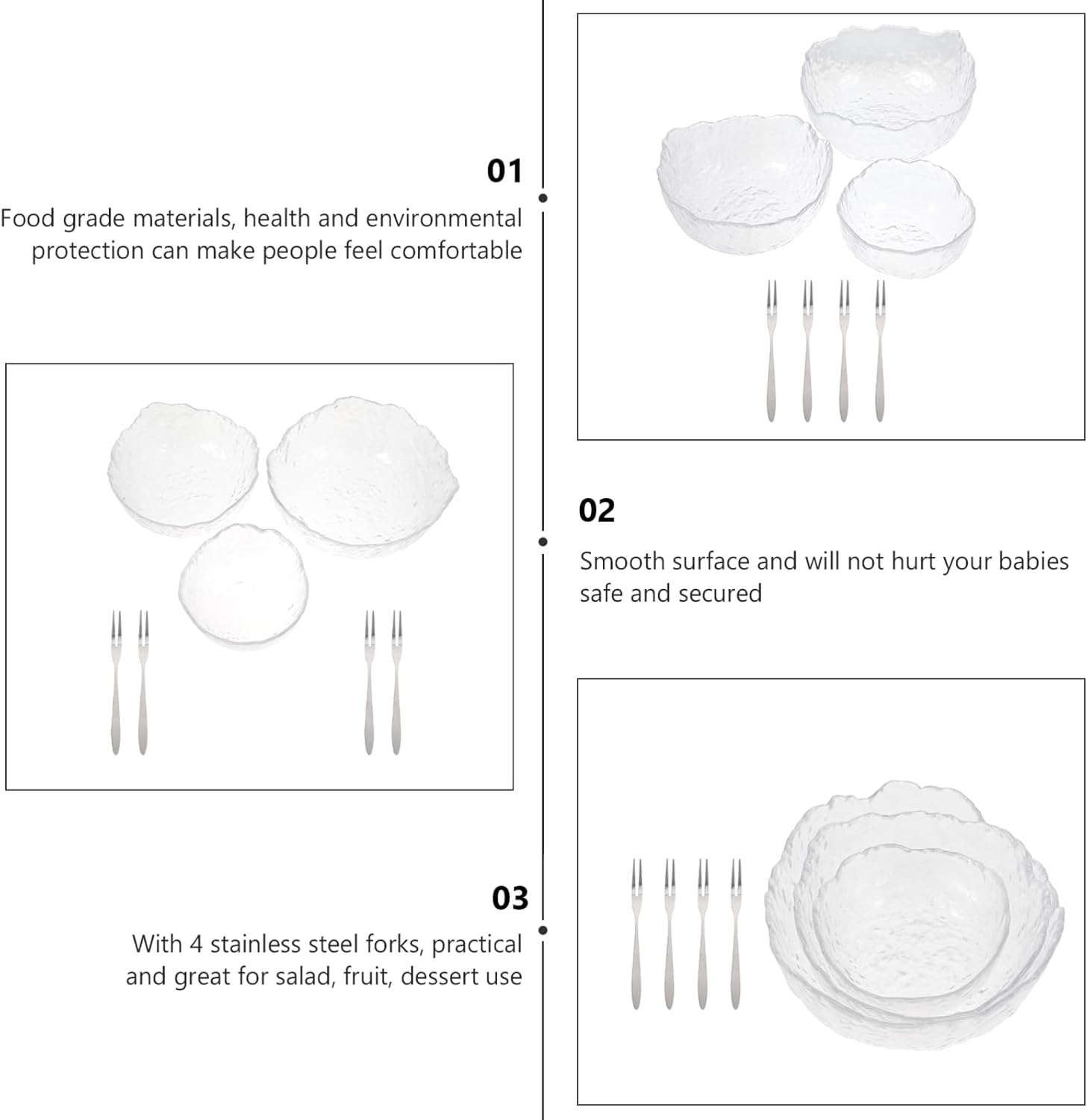 3pcs Glass Salad and Fruit Bowl Set with 4 Forks, Japanese Hammered Texture, Kitchen Dessert Serving Bowls for Dining and Entertaining
