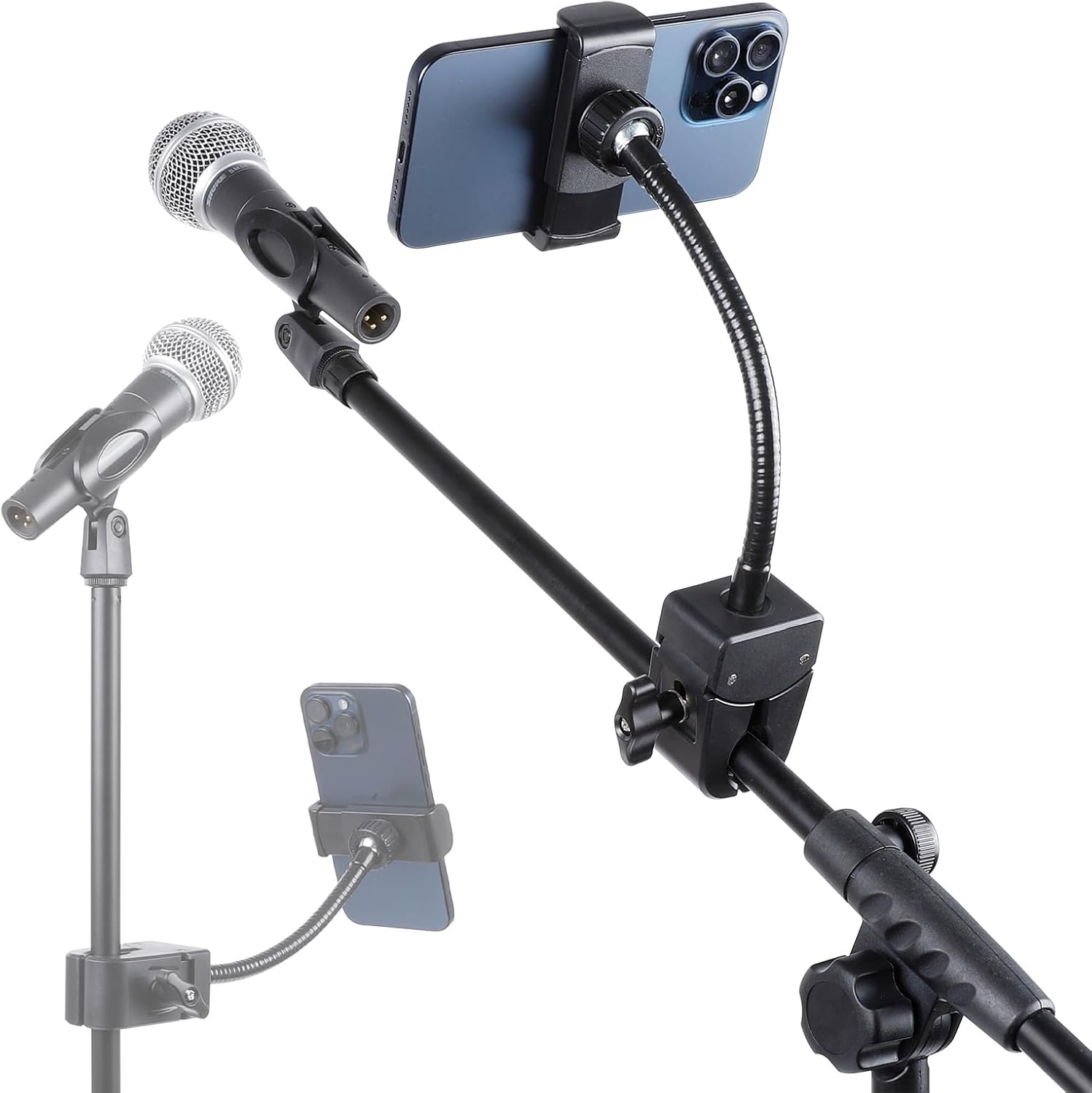 Mic Stand Phone Holder, Flexible Phone Mount with 7.9″ Removable Gooseneck for Microphone Music Stand, 360°Adjustable Phone Holder for iPhone 16 Pro Max, 15 Plus, All Smartphones