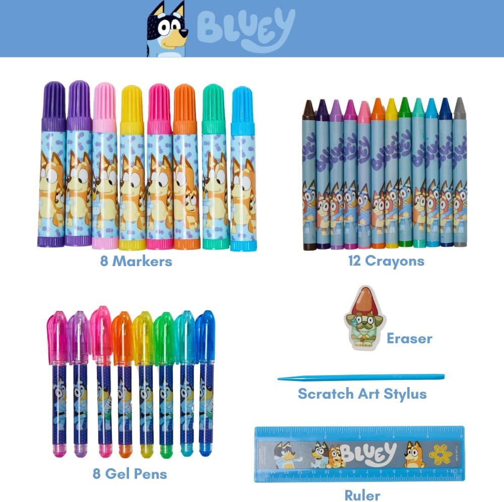 Innovative Designs Bluey Deluxe Activity Set with Carrying Tin, Coloring Sheets, Stickers, Scratch Art Sheets, & Art Supplies