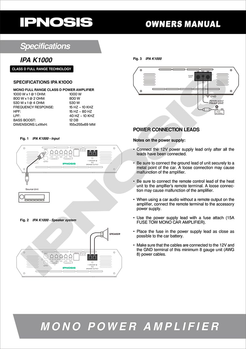 IPNOSIS IPA K1000 Amplificatore Digitale Classe D Mono 1 Canale, 1 Ohm, 2 Ohm, 4 Ohm, Full Range da 1000W
