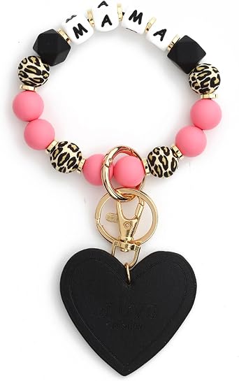 Mama Bracelet Keychain Wristlet,Key Ring Wristlet,Love Leather Bracelet Gift for Mother,Silicone Bead Leopard Bangle