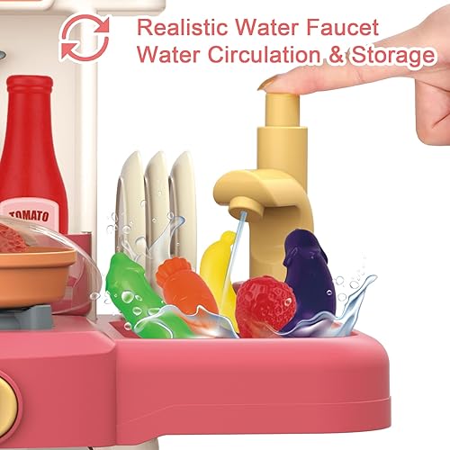 Miniatura 4 de deAO Juego de cocina de 2 piezas con sonidos y luces, azul y rosa, juego de 35 accesorios de cocina para niños y niñas de 3, 4, 5 años