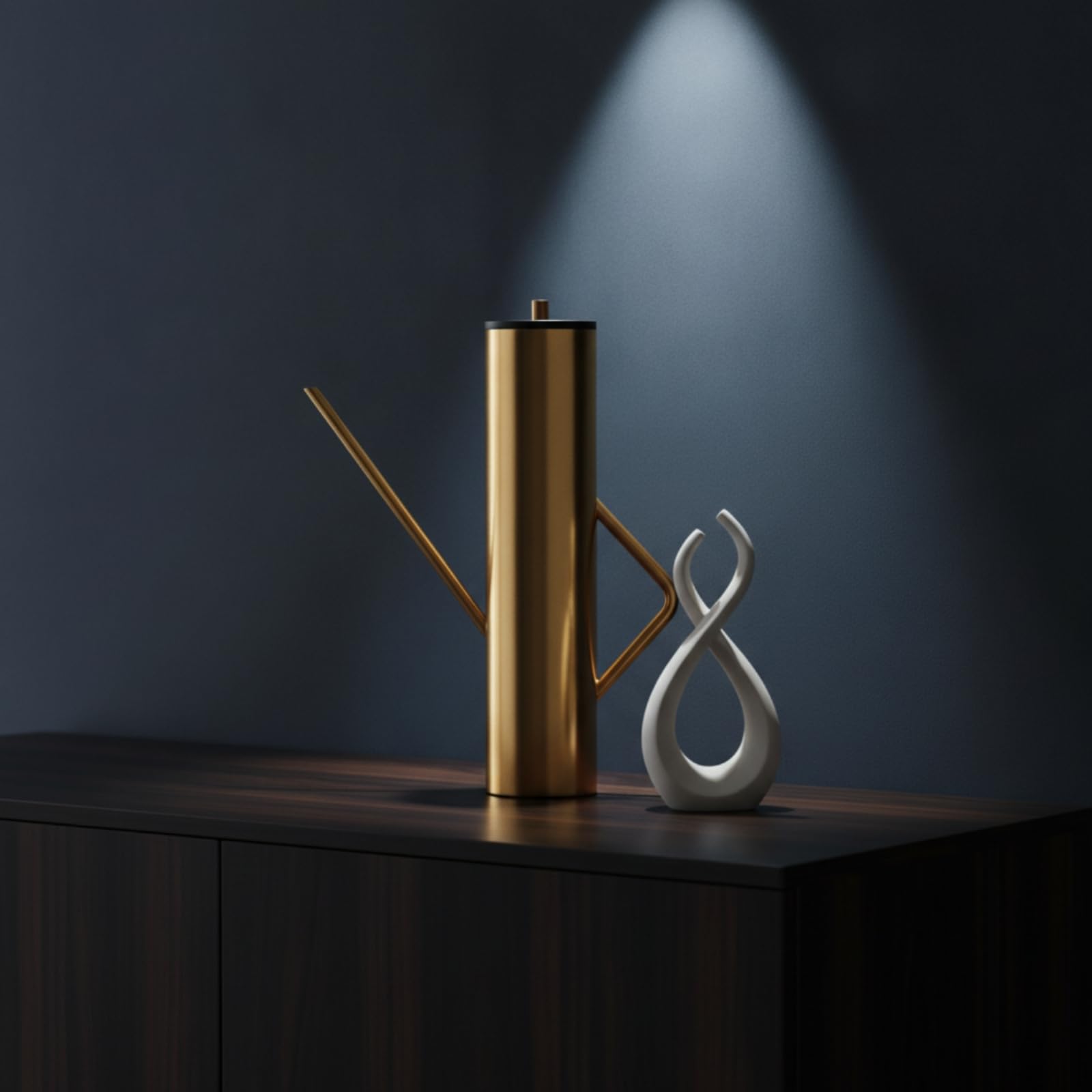 Baoblaze Jarrón Geométrico Decorativo Escultura Moderna Tetera Cuerpo Cilíndrico Metal Dorado Tapa Madera Asa Geométrica Larga Adecuado para Estanterías