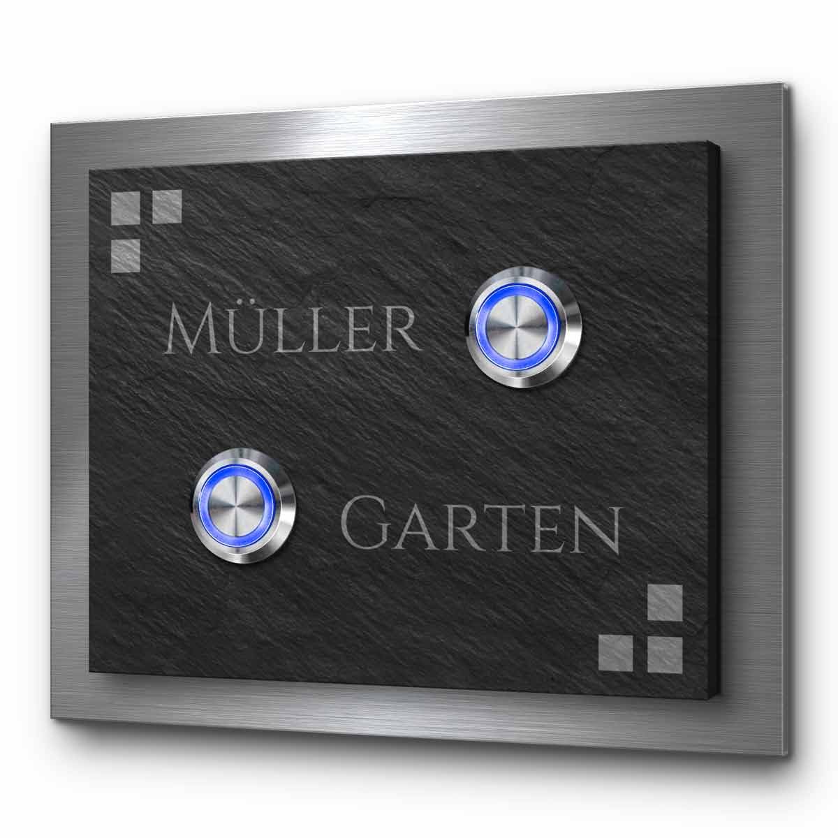 Doppelklingel aus Schiefer mit Edelstahlrahmen - Türklingel Modell Wagner 11x9 cm | 2-Fach Klingel mit zwei beleuchteten Tastern - Mit Wunsch Gravur und Motiven