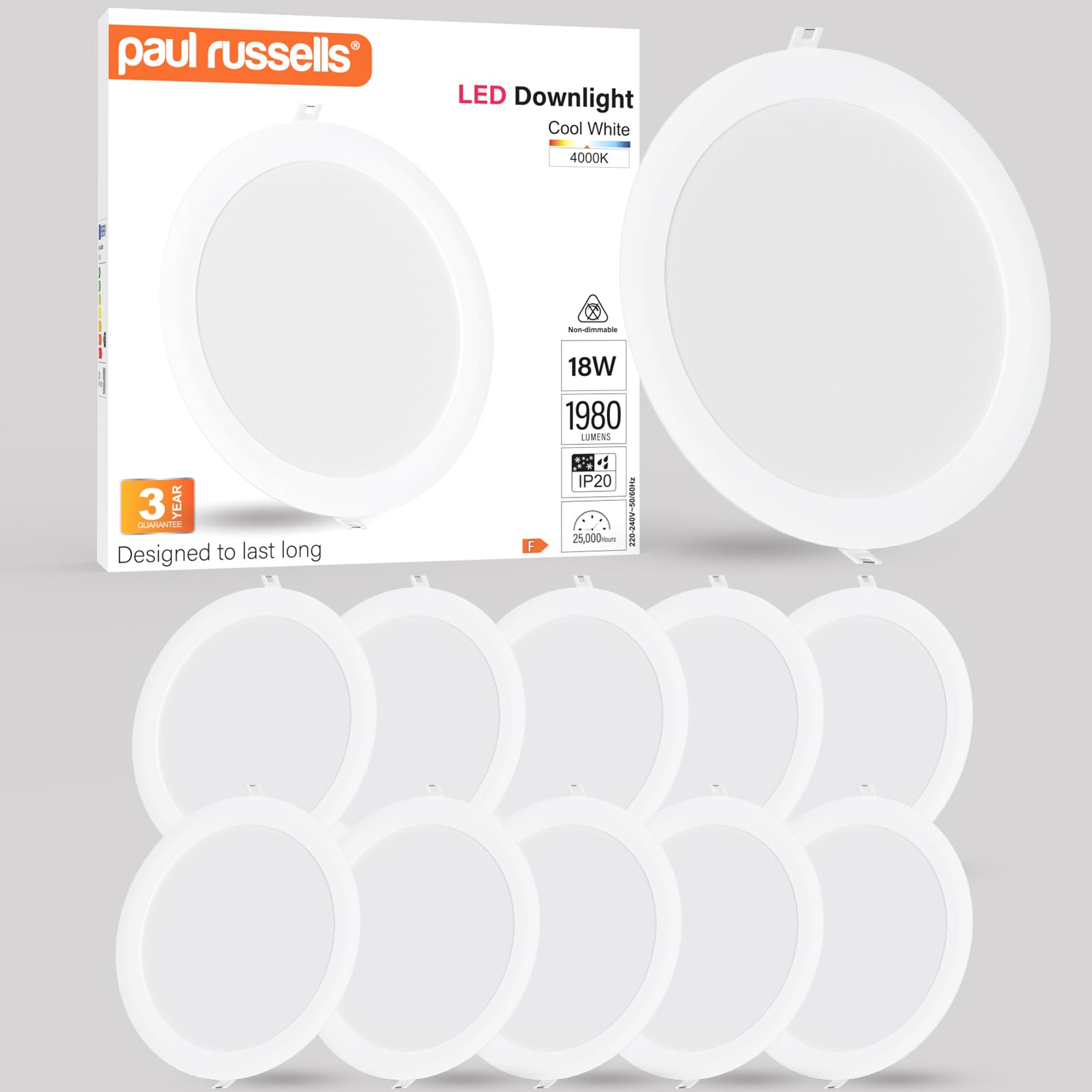 paul russells Ultra Slim LED Recessed Ceiling Spotlights - 18W Cool White (4000K) IP20, Cutout 200-205mm, Round Downlight for Kitchen, Bathroom, Living Room and More Ceiling Mounted use, 10 Packs
