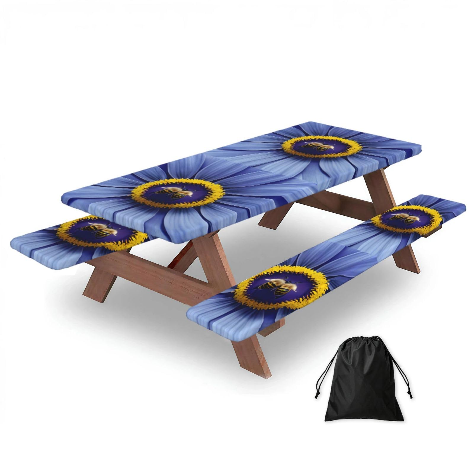 Erwqavc Black Flower Heart Bee Print Picnic Table Cover & Bench Covers 3-Pack Set, Elastic Tablecloths For 6 Ft Rectangle Tables