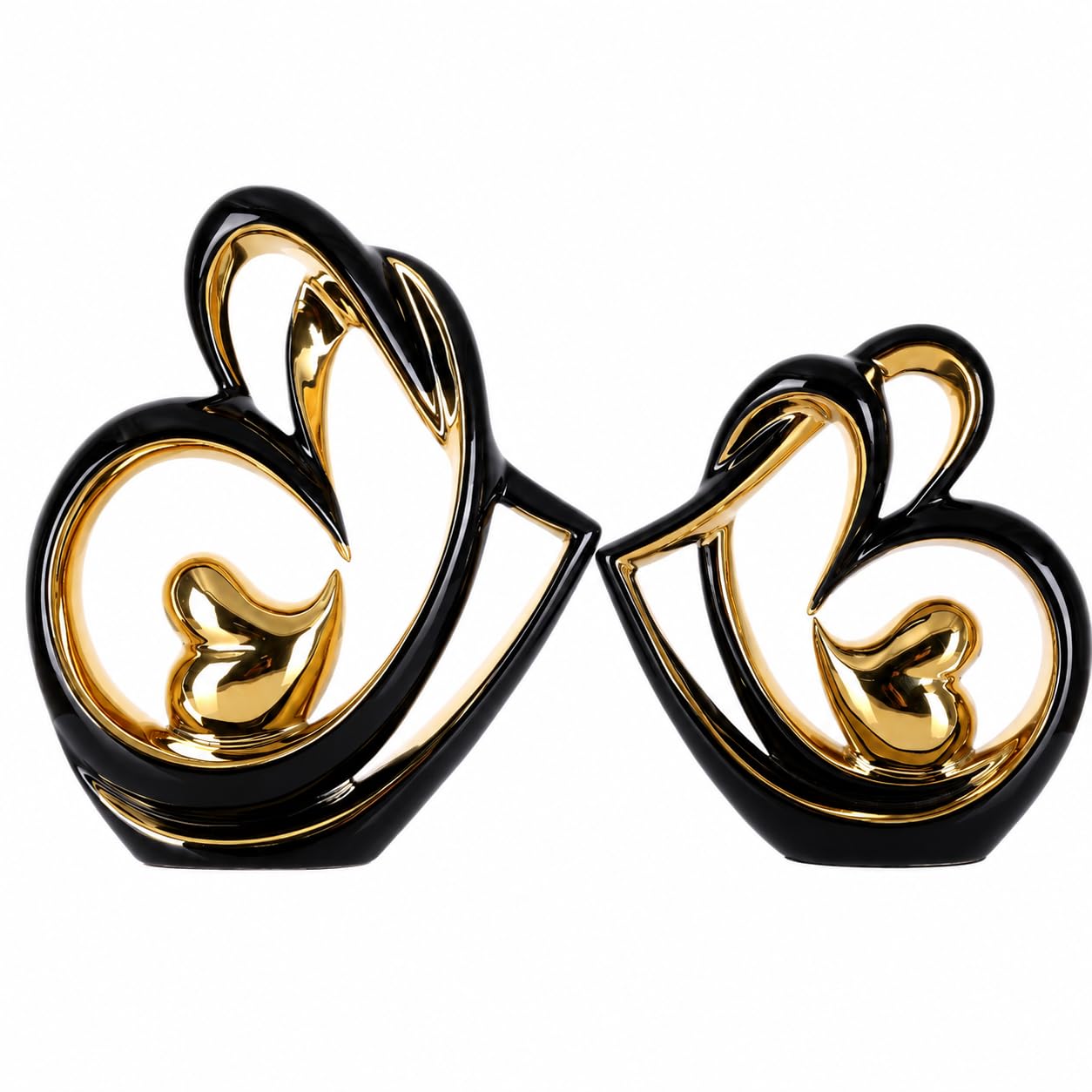 DOVDOV Statue en céramique double cœur noir et or, sculpture d'amour moderne avec design creux abstrait, figurine décorative pour couple, salon, chambre, bureau, mariage