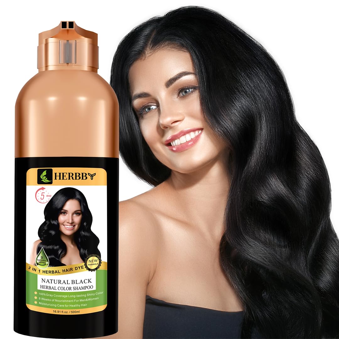 HERBBY Hair Color Shampoo for Gray Hair Coverage&Color Transform with 9 Herbal Extracts –Long Lasting(6-8 Weeks),Shiny,Evenly Colored,Instant Hair Dye Shampoo&Conditioner,500 Ml (NATURAL BLACK COLOR)
