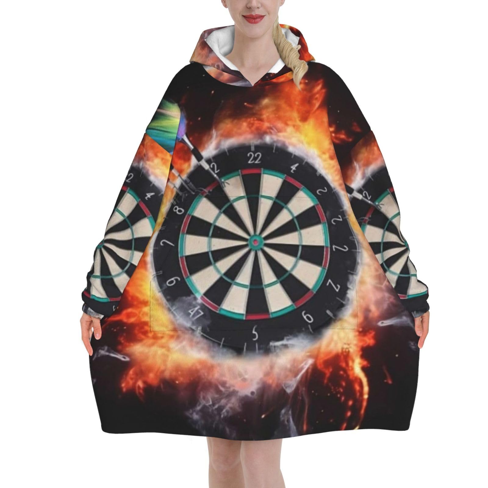 Poadnly Unisex As Picture Dart Board Printed,Women's Oversized Wearable Blanket Hoodie, Blanket Sweatshirt,Flannel Pullover Blanket