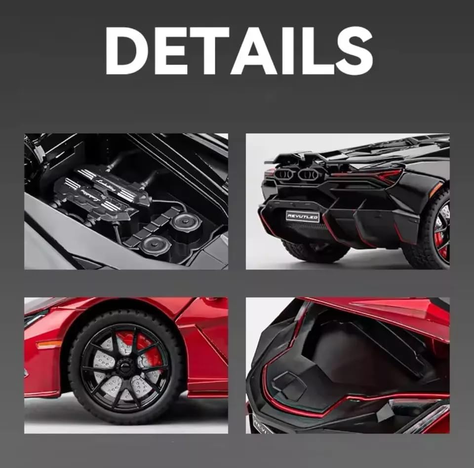 Image of Scale 1:24 Lamborghini Revuelto - Red Alloy Diecast Pullback Metal Car Toy with Sound Light & Opening Doors - Best Gift Toy for Kids