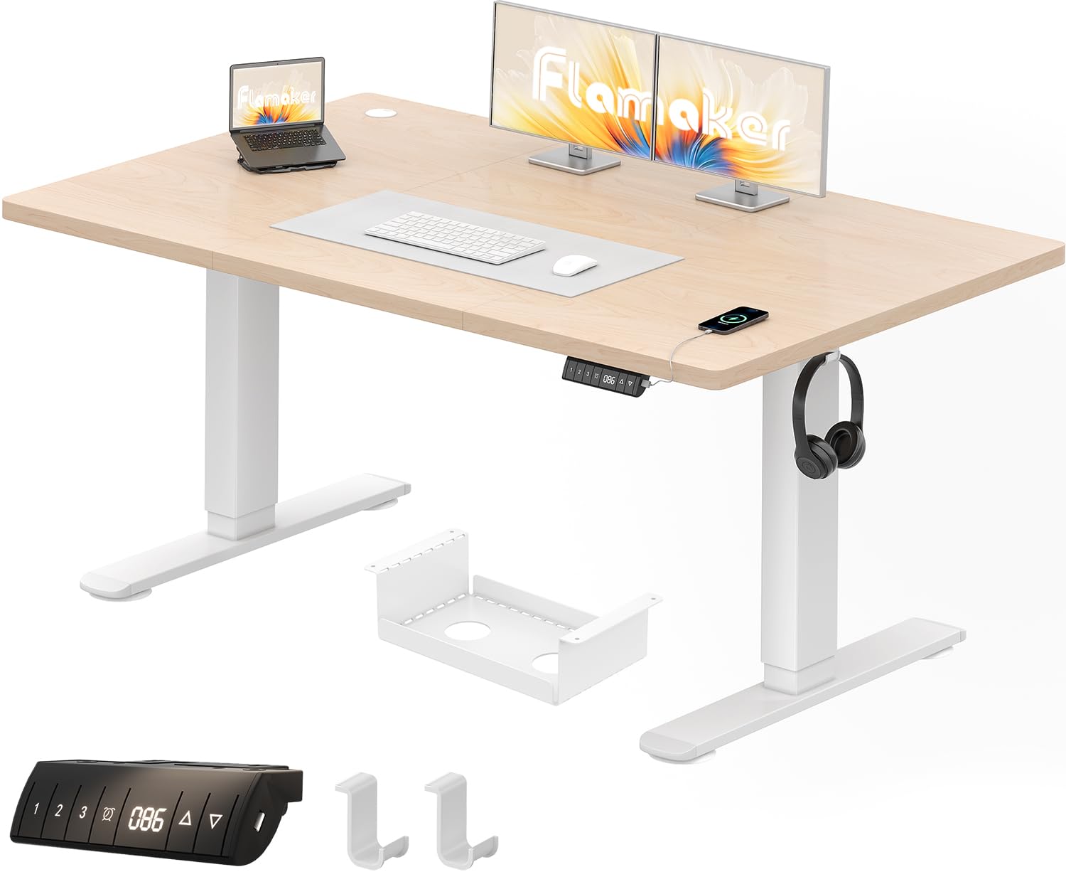 Flamaker Standing Desk 140 x 70 cm, Height-Adjustable Electric Desk with Memory Function, Computer Desk with Cable Management, Electric Standing Desk, Home Office Desk, Beige — image 1