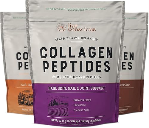 Live Conscious Paquete de sabor a péptidos de colágeno, sin sabor, chocolate, melocotón y mango, colágeno en polvo, soporte para el cabello, la