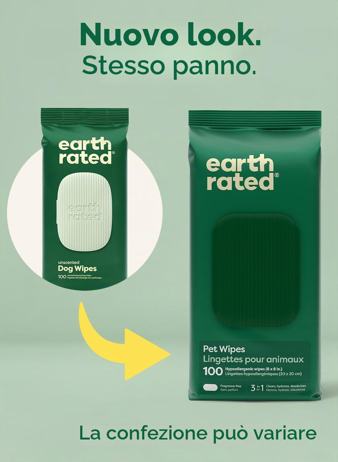 Earth Rated Salviette ipoallergeniche per Cani, puliscono ed eliminano Gli odori da Zampe, Corpo e Sedere, Senza Profumo, 100 Pezzi