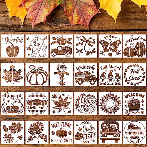 SAVITA 24uds Plantillas de Otoño, 7,6x7,6cm Para Pintar Reutilizables Para Madera, Manualidades de Acción de Gracias Sobre Lienzo, Tela, Pared, Decoración del Hogar