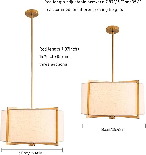 Miniatura 5 de Lámpara colgante moderna de 20 pulgadas con 3 luces de tambor, lámpara colgante dorada con pantalla de tela gris plateado, altura ajustable, lámpara