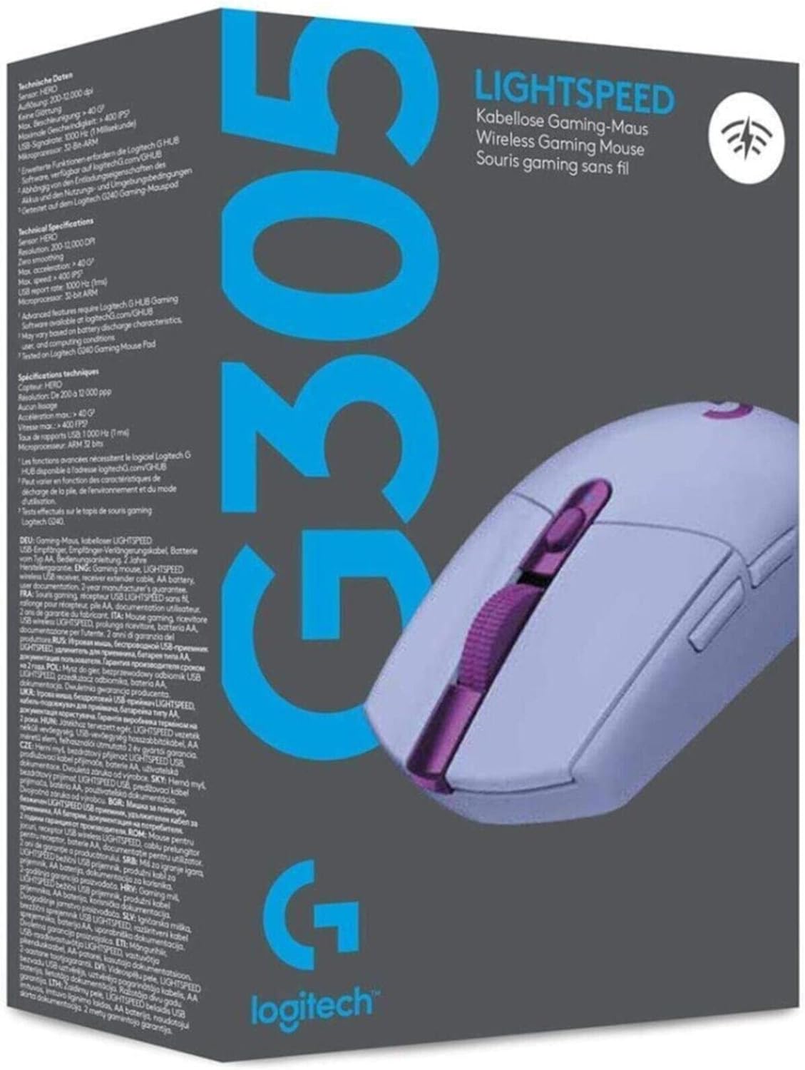 Logitech G305 Lightspeed Ratón Gaming Inalámbrico, Captor Hero 12K, 12,000 dpi, Ultra-Ligero, Batería de 250h, 6 Botones Programables, Memoría Integrada, PC/Mac, Lila 6