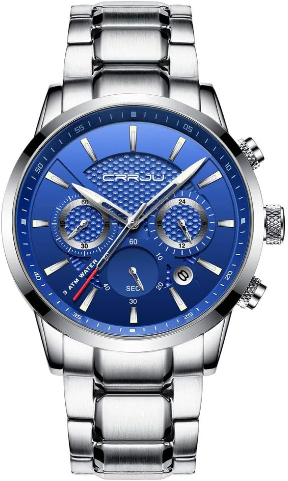 CRRJU Men's Business Casual Chronograph Quartz Waterproof Wristwatch Black Leather Strap