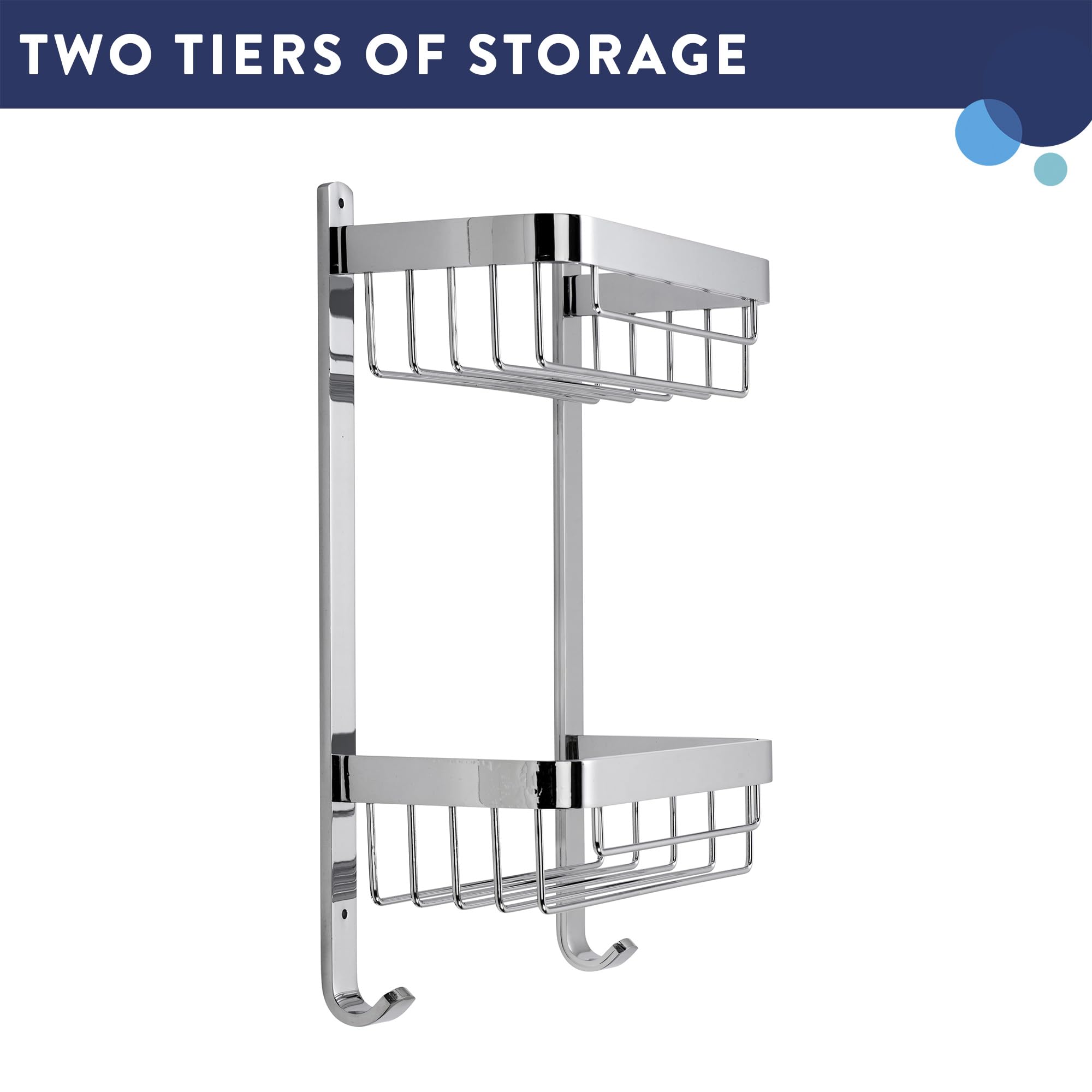 Croydex Cesta Grande de Aluminio de Dos Niveles, Almacenamiento de baño y Ducha con Ganchos, Accesorio de baño Cromado, Fijaciones de Pared, Tapones y Tornillos incluidos, Capacidad de Carga de 5 kg