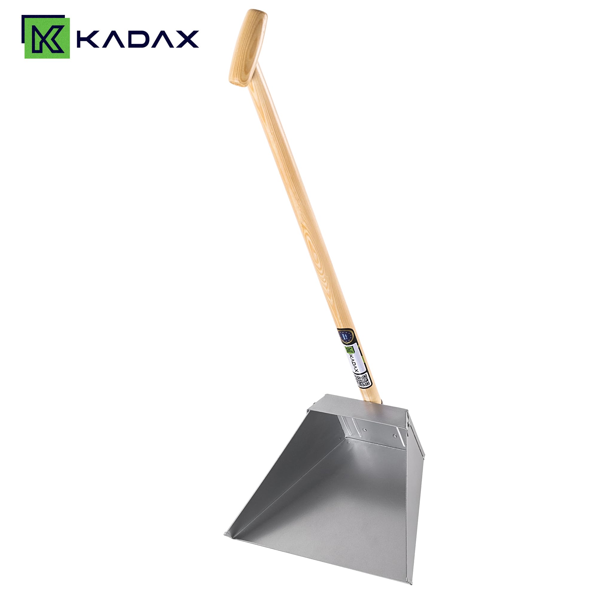 KADAX Kehrschaufel mit langem Stiel, 34 x 86 cm, Schaufel aus verzinktem Stahlblech, großes Kehrblech mit Holzstiel, Metallschaufel für Garage, Werkstatt & Garten