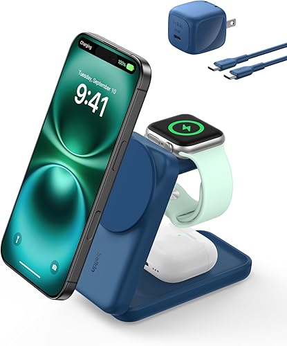 Belkin Compatible con cargador MagSafe, estación de carga 3 en 1, base de carga inalámbrica magnética Qi2.2 de 25 W, soporte de carga plegable para
