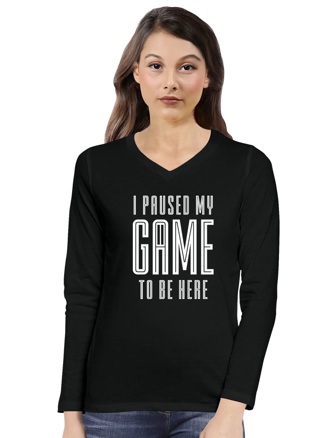 OPLU Women's Regular Fit Tshirt I Paused My Game Cotton Printed V Neck Full Sleeves Multicolour T Shirt. Trending, Text, Pootlu, Quotes Tshirts