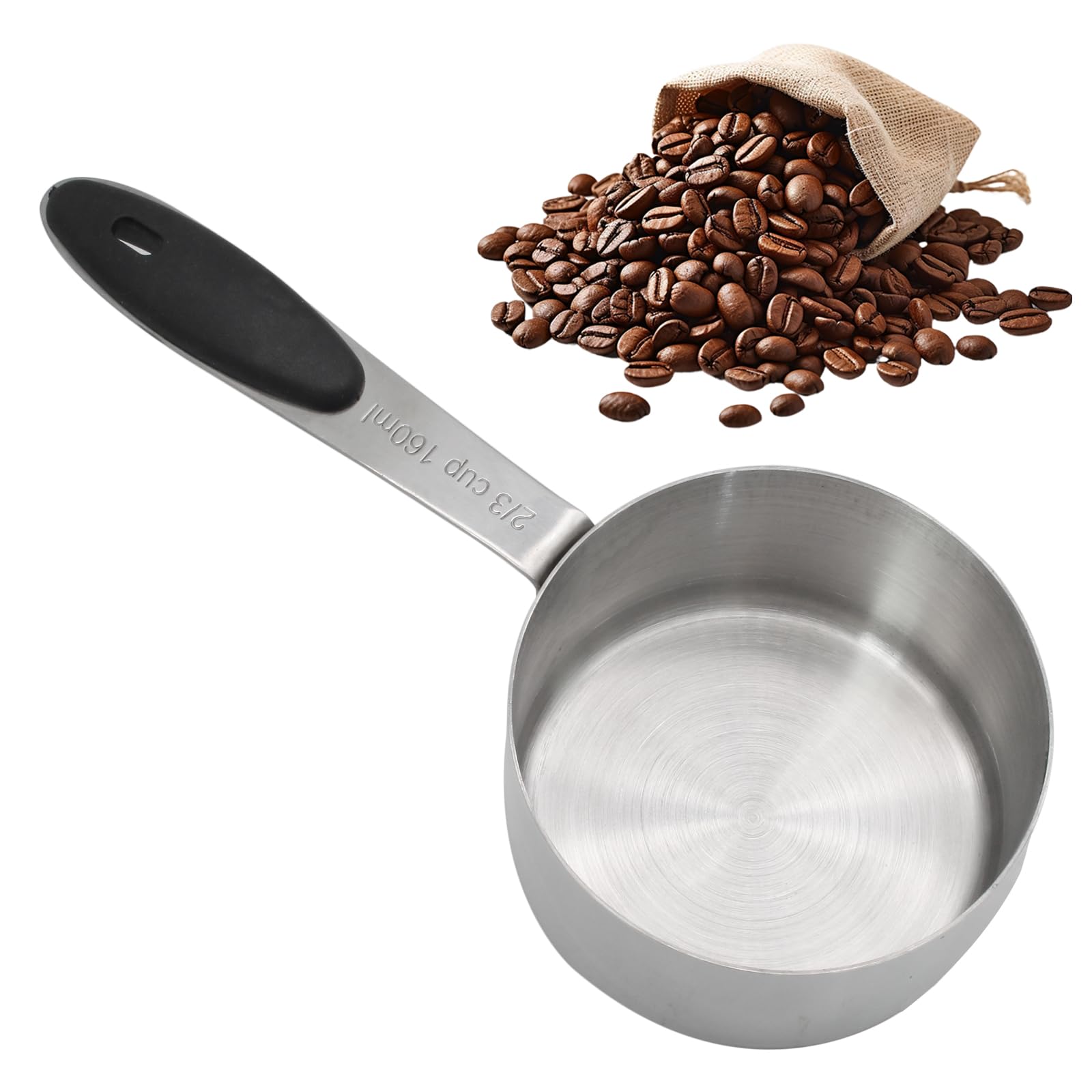 Cionyce 2/3 cup measuring cup,160 ML Stainless Steel Coffee Measuring Scoops, Single Metal Coffee Scoop Measuring Cup with Black Silicone Handle