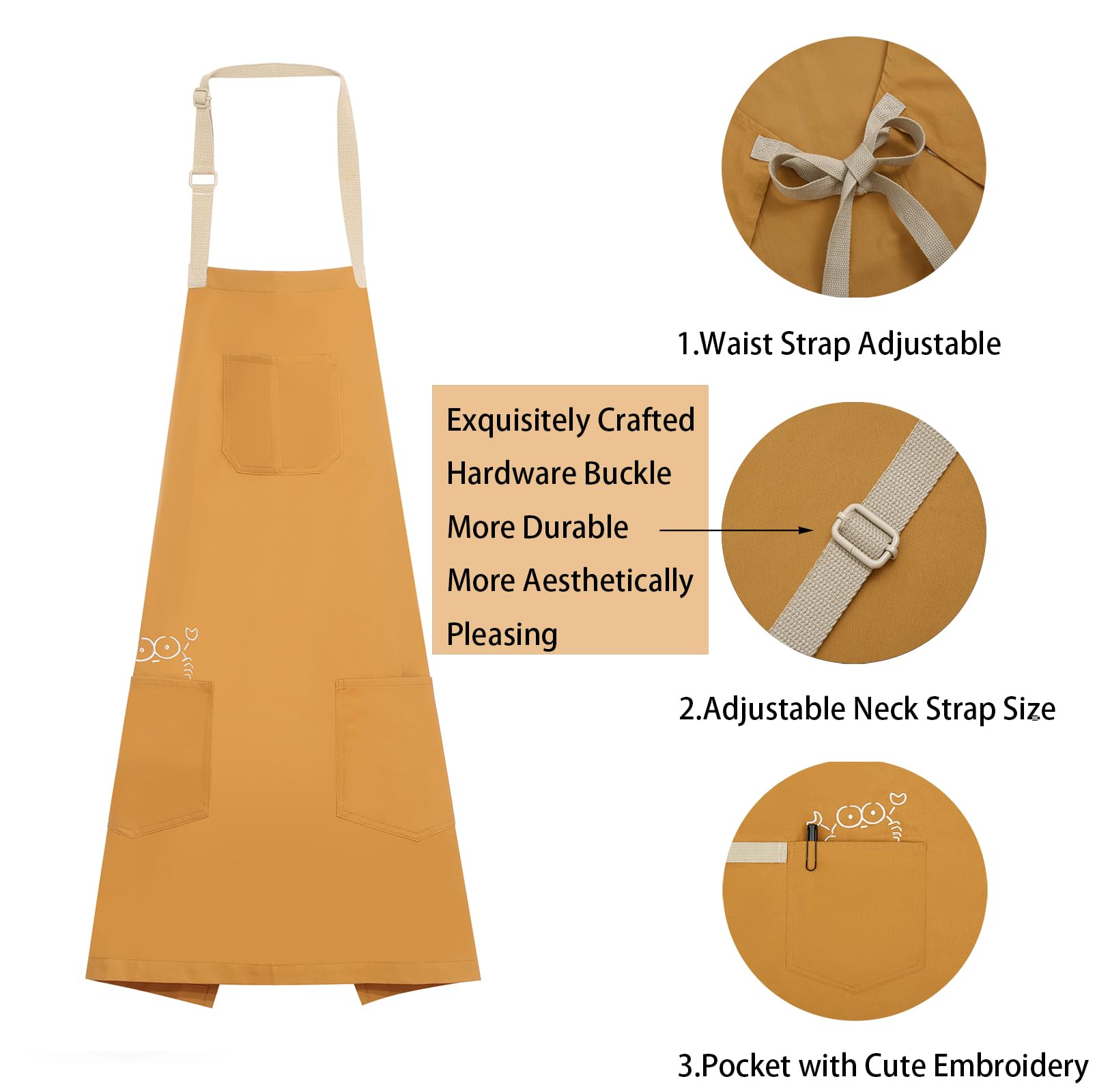 Pincy Soft Cotton Apron - Unisex Adjustable Bib Apron, Art Apron with Embroidered, Great for Florist and Kitchen (Yellow) - Image 4