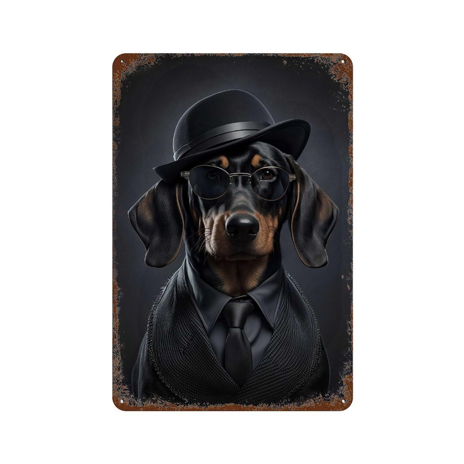 Dachshund Mafia Boss Weathered Tin Sign 11.8"x7.9", Ideal for Shed, Workshop And Garage Wall Decor