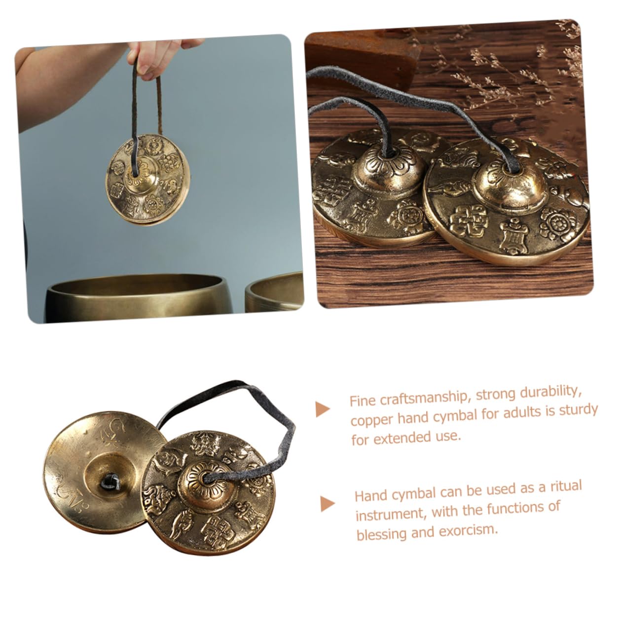 Cimbali in Rame Dorato per Meditazione e Rituali Motivi Vintage di Buon Auspicio, Strumenti Percussivi Etnici per Benedizione ed Esorcismo